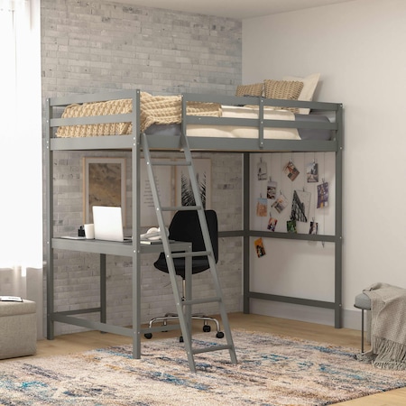 Flash Furniture Riley Loft Bed Frame w/Desk, Twin Size Wooden Bed Frame w/Guard Rails & Ladder - Light Gray MH-LBD5-LGY-T-GG